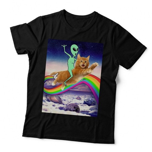 Alien riding cat - cat, rainbow